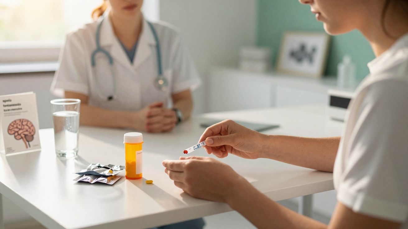 Paciente mede glicemia enquanto está numa consulta com médica num consultório clínico.