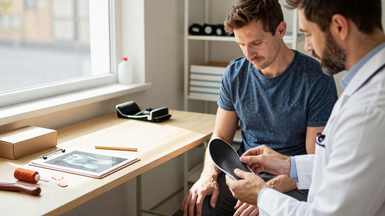Médico ortopédico mostrando uma palmilha a um paciente numa consulta numa sala iluminada por luz natural.