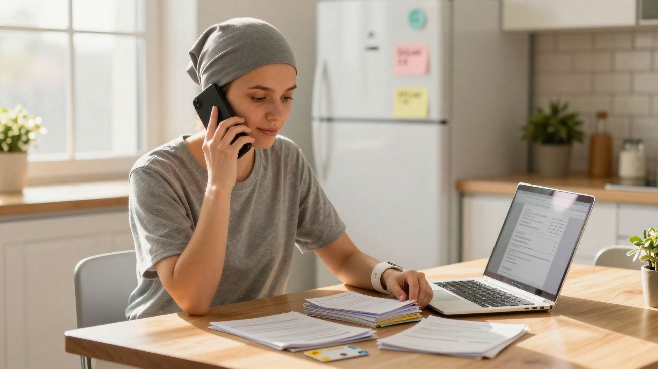 Pessoa com lenço na cabeça fala ao telemóvel enquanto trabalha com documentos e portátil numa cozinha luminosa.