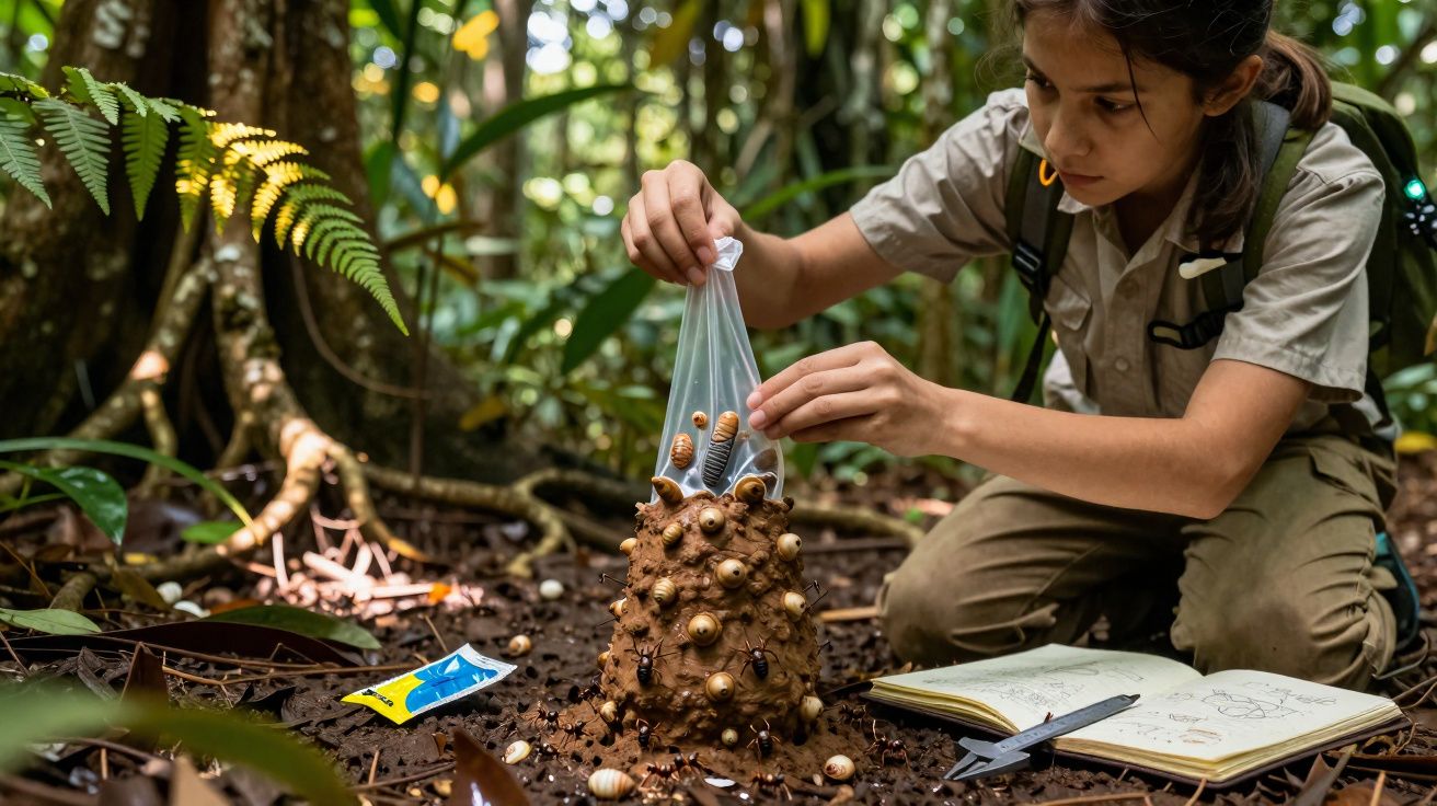 Jovem numa floresta a recolher amostras de caracóis de um ninho no solo, com caderno e caneta ao lado.