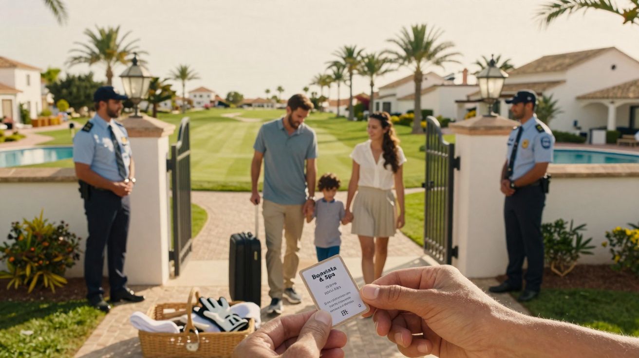 Família com criança entrando em condomínio vigiado por dois seguranças uniformizados na entrada.