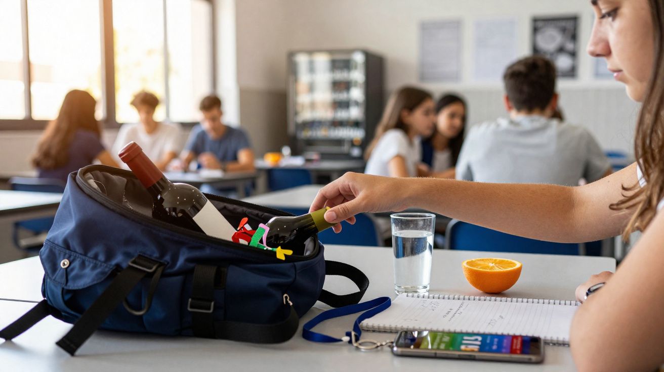 Pessoa a guardar garrafa de vinho numa mochila numa sala de aula com estudantes ao fundo.