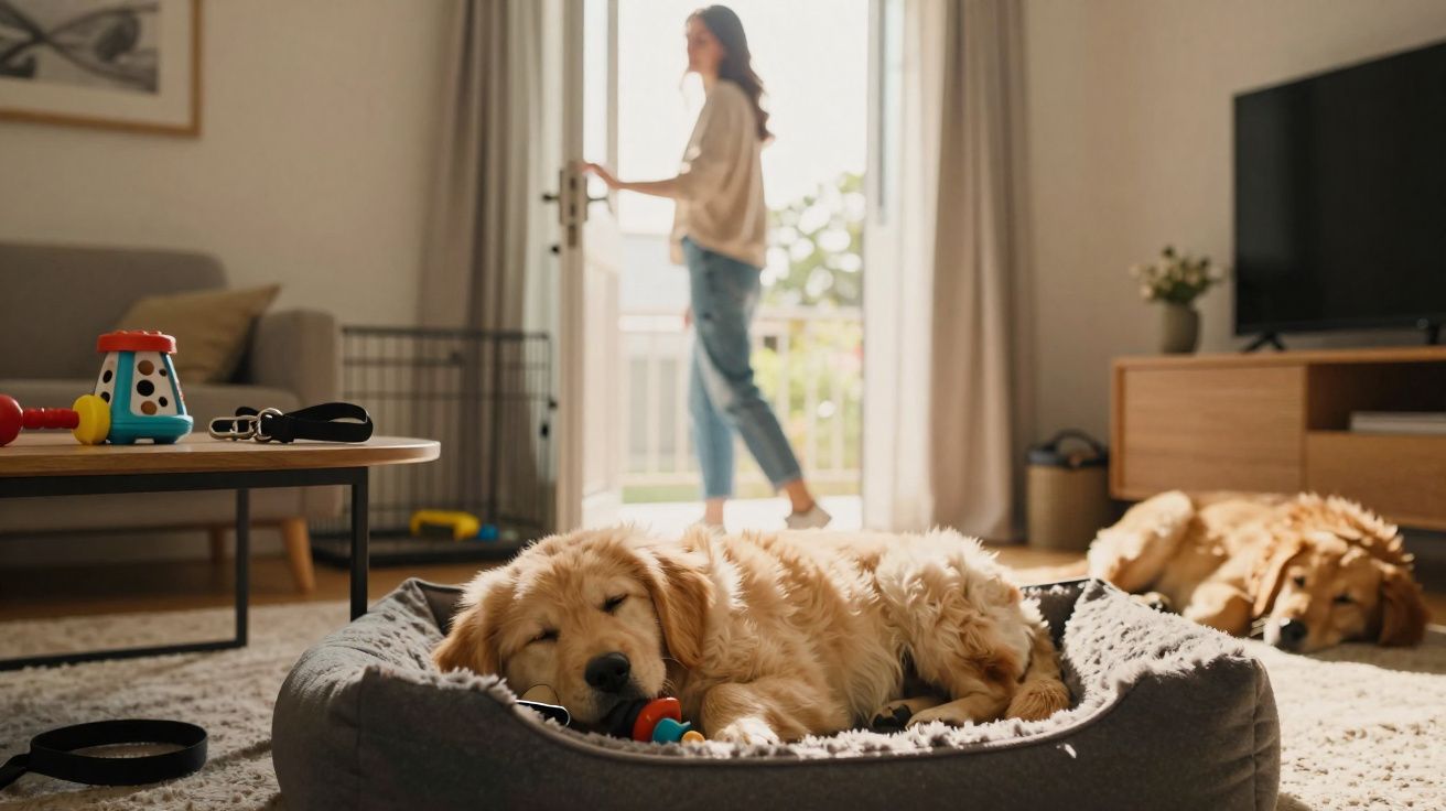 Cão Golden Retriever a dormir numa cama para cães e outro cão ao fundo na sala com mulher a abrir a porta.