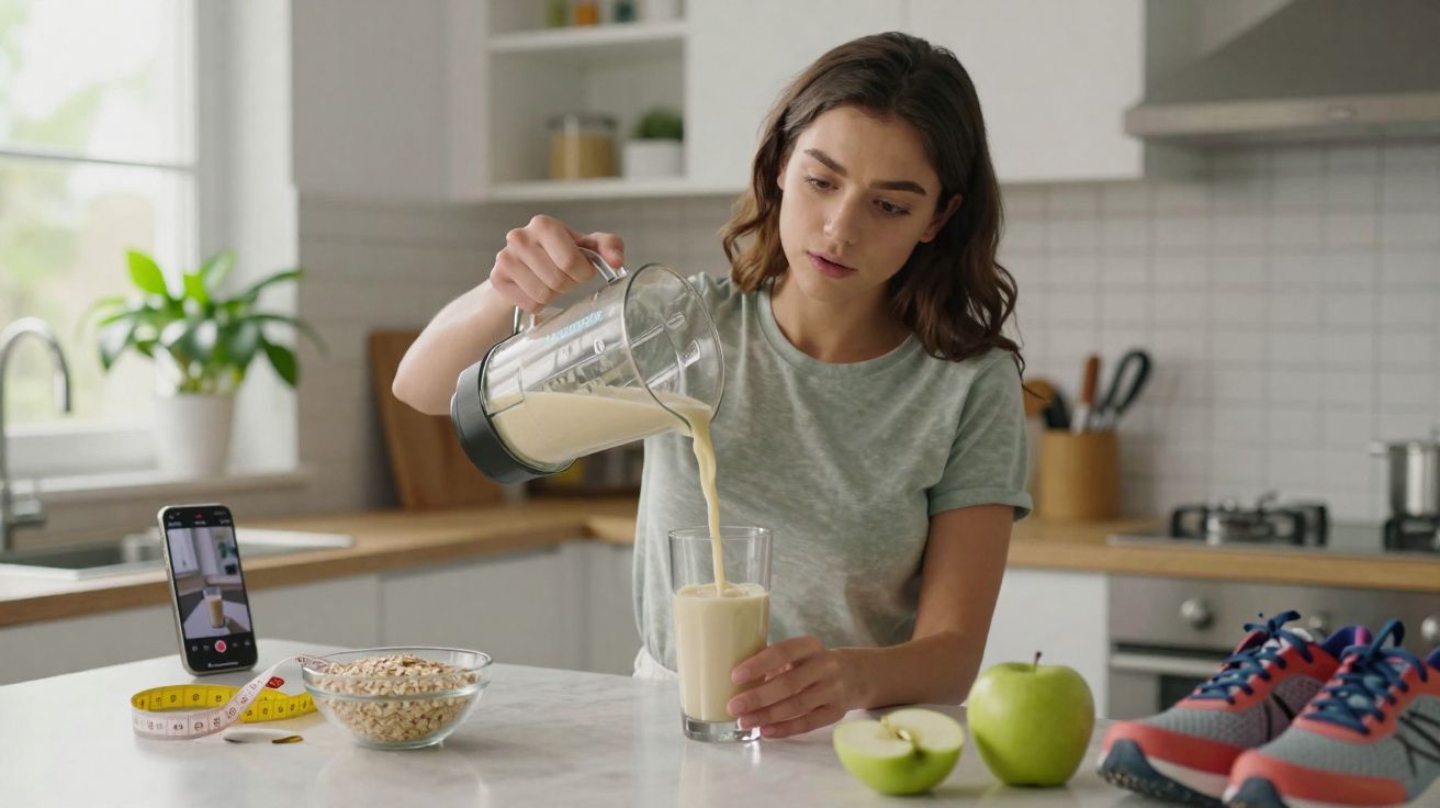 Mulher a ver vídeo num smartphone enquanto prepara batido saudável na cozinha moderna.