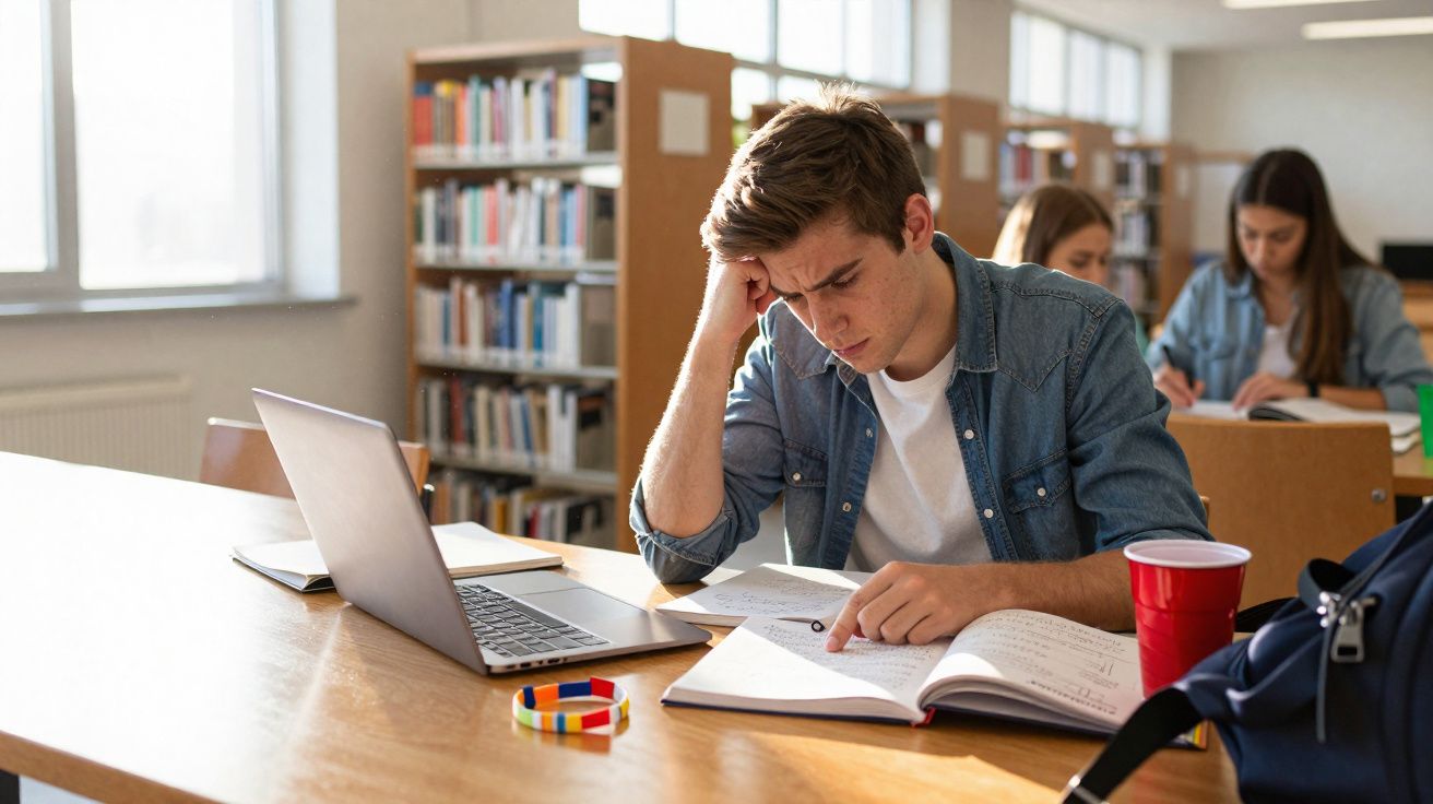 Jovem estudante concentrado a estudar com livros e computador numa biblioteca iluminada por luz natural.