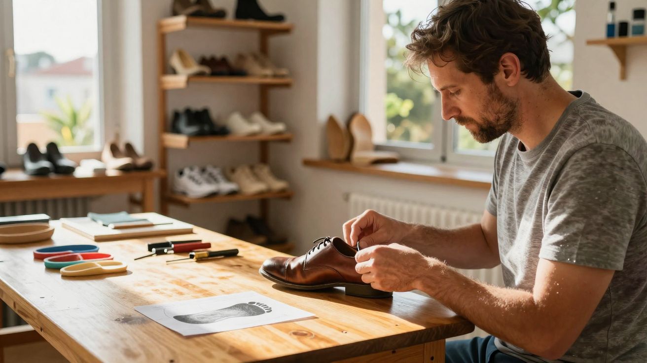Homem a trabalhar num sapato de couro numa oficina com prateleiras de calçado em fundo.