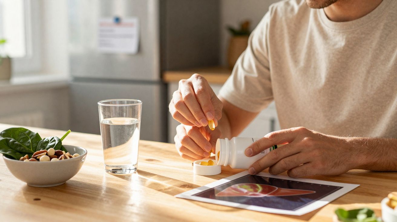 Pessoa a colocar cápsulas amarelas num recipiente, com copo de água, frutos secos e iPad numa mesa de madeira.