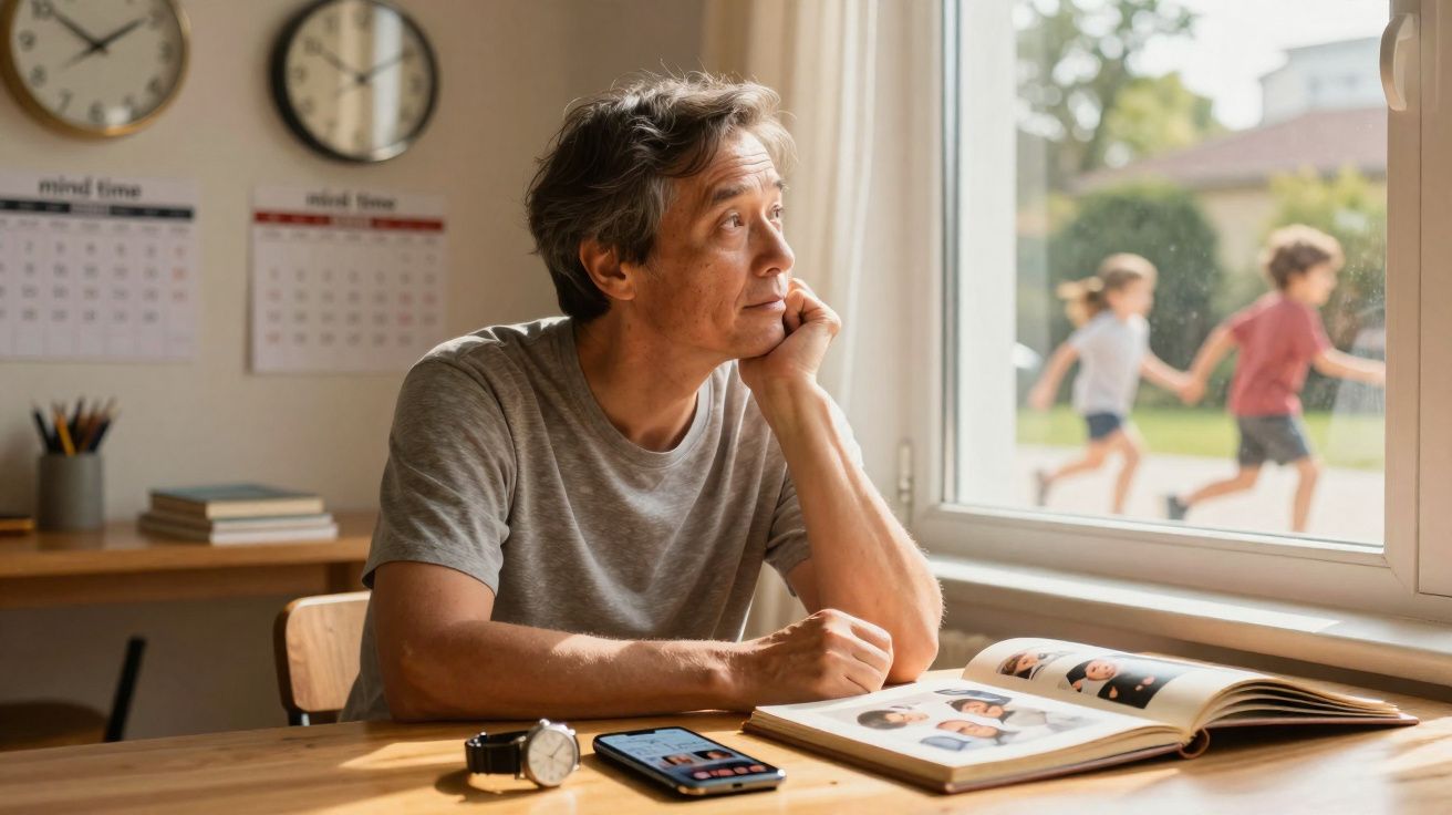 Homem sentado a olhar pela janela enquanto folheia álbum de fotografias e crianças brincam lá fora.