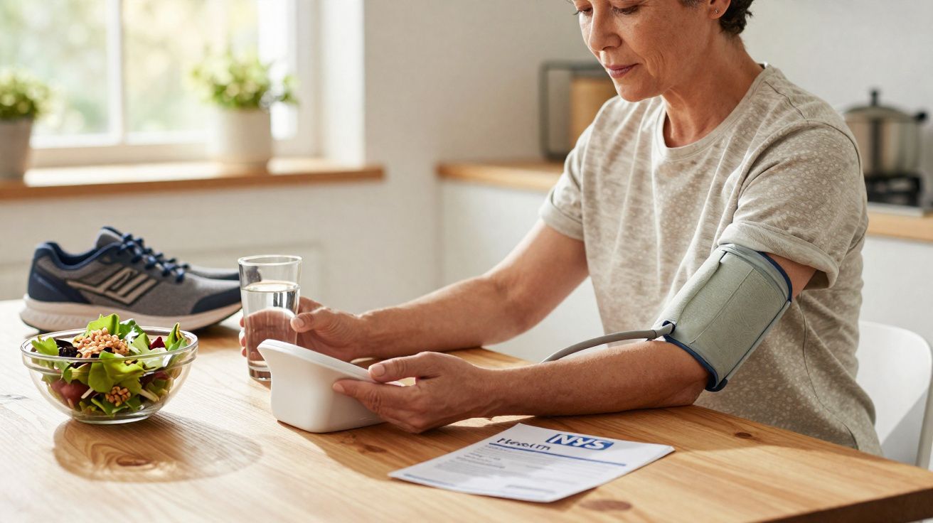 Mulher a medir a pressão arterial em casa com aparelho digital, ao lado de salada, água e ténis.