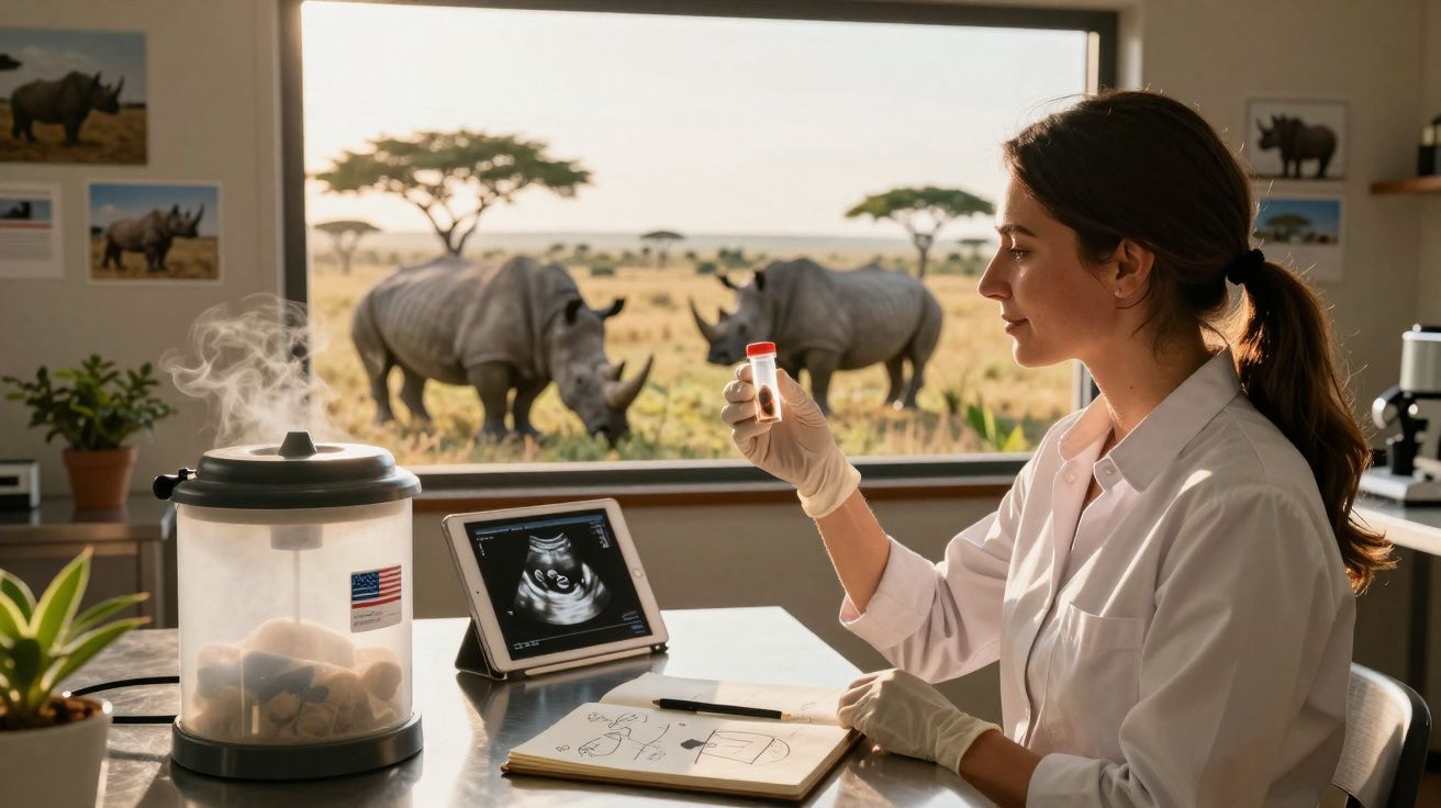 Cientista de laboratório analisa amostra com rinocerontes na savana visíveis pela janela atrás dela.