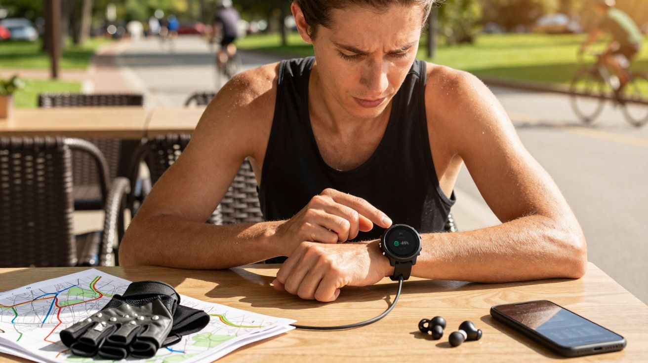 Pessoa sentada ao ar livre, a ver a percentagem de bateria num relógio inteligente.