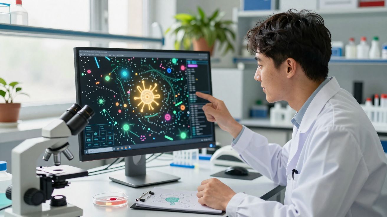 Cientista analisa dados de microrganismos coloridos num ecrã de computador num laboratório moderno.