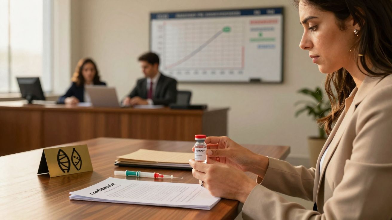 Mulher em reunião segurando frasco de vacina com gráficos e colegas ao fundo numa sala de escritório.