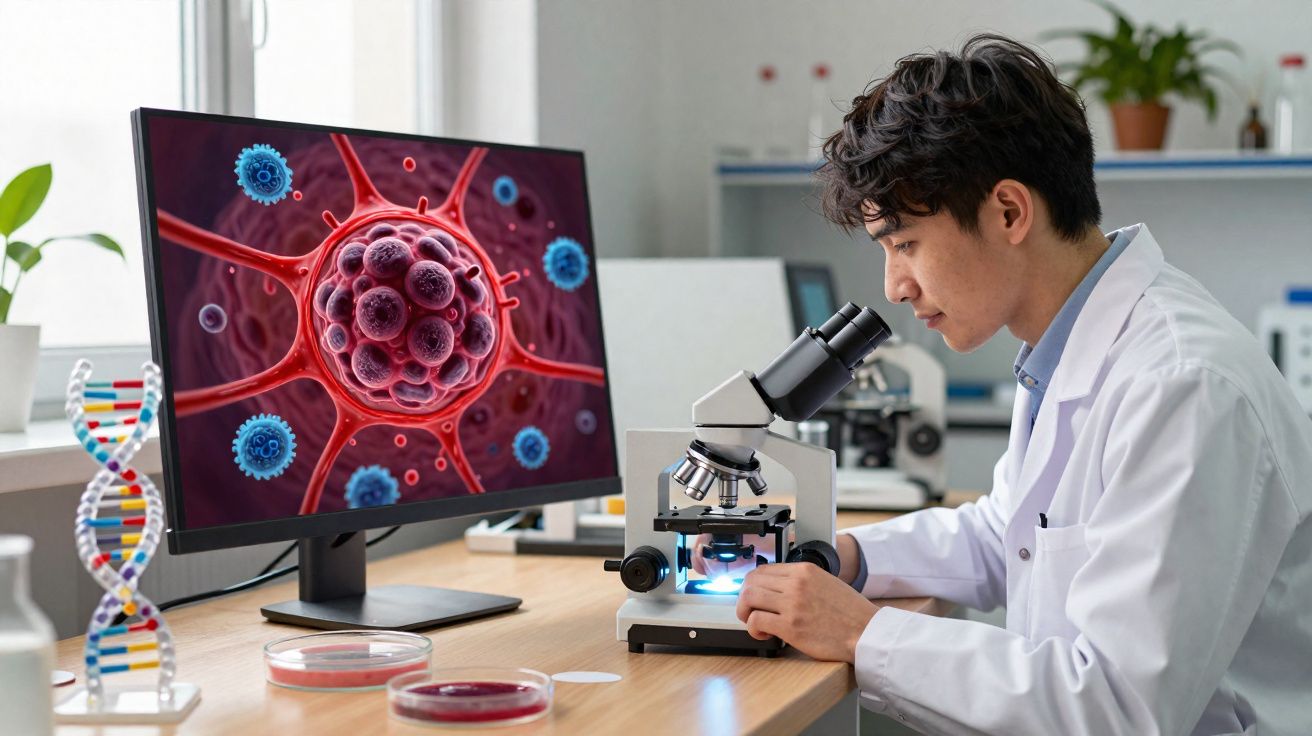 Cientista com bata branca observa amostra ao microscópio em laboratório com imagem de célula na tela.