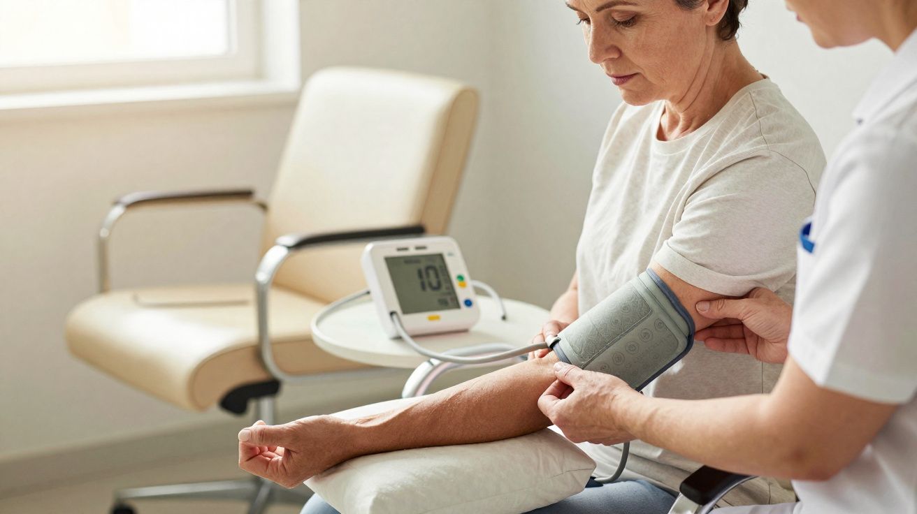 Profissional de saúde mede a tensão arterial de mulher sentada numa clínica.