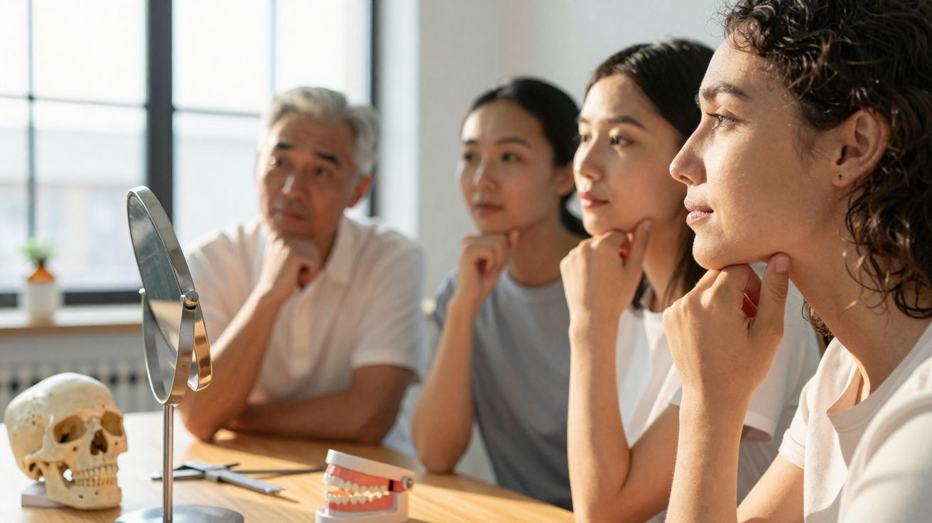 Grupo diverso de pessoas a olhar-se ao espelho, com modelo de crânio e dentes numa mesa em ambiente de estudo.