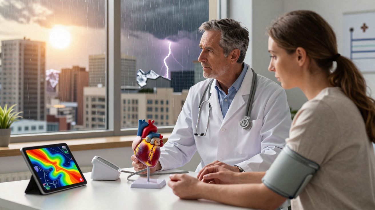 Médico com estetoscópio explica modelo de coração a paciente com tensiómetro no braço, com tempestade lá fora.