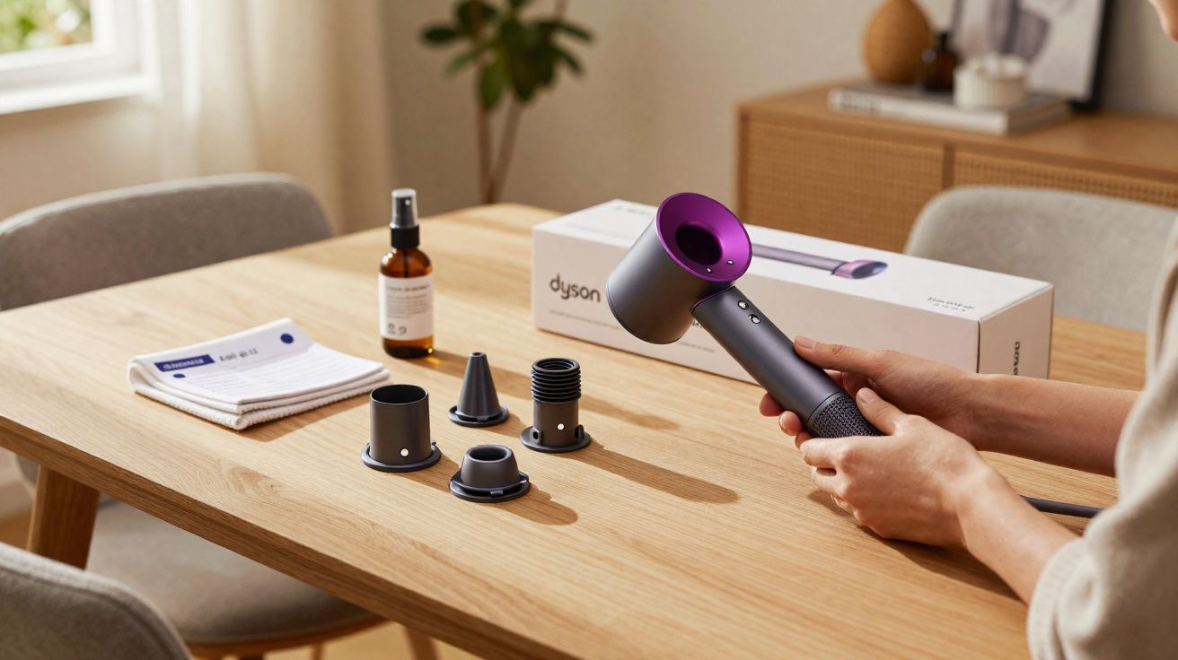 Pessoa a segurar secador de cabelo Dyson com vários acessórios sobre mesa de madeira numa sala iluminada.
