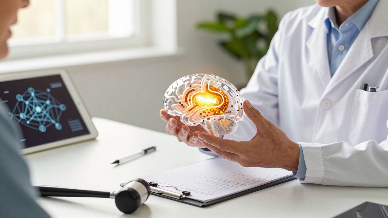 Médico em bata branca a explicar modelo anatómico do cérebro a paciente em consultório clínico.