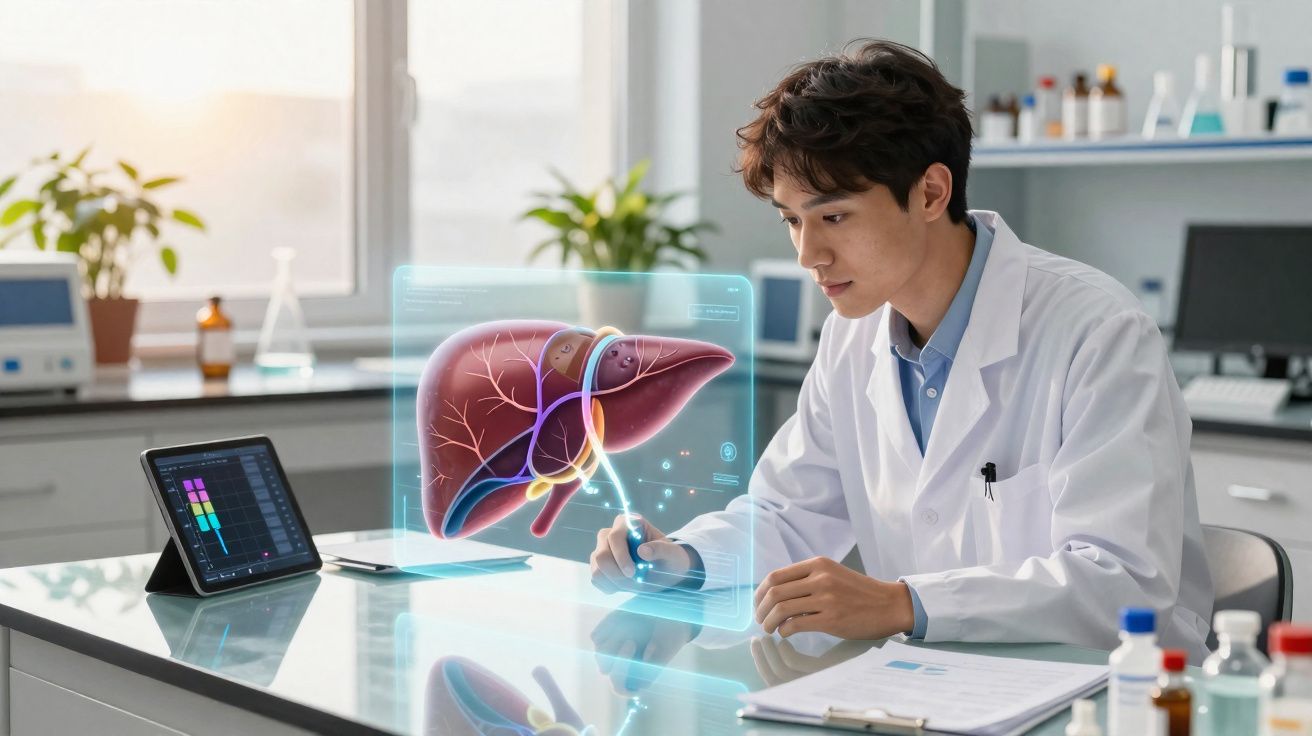Homem cientista em laboratório analisando imagem holográfica do fígado sobre a mesa.