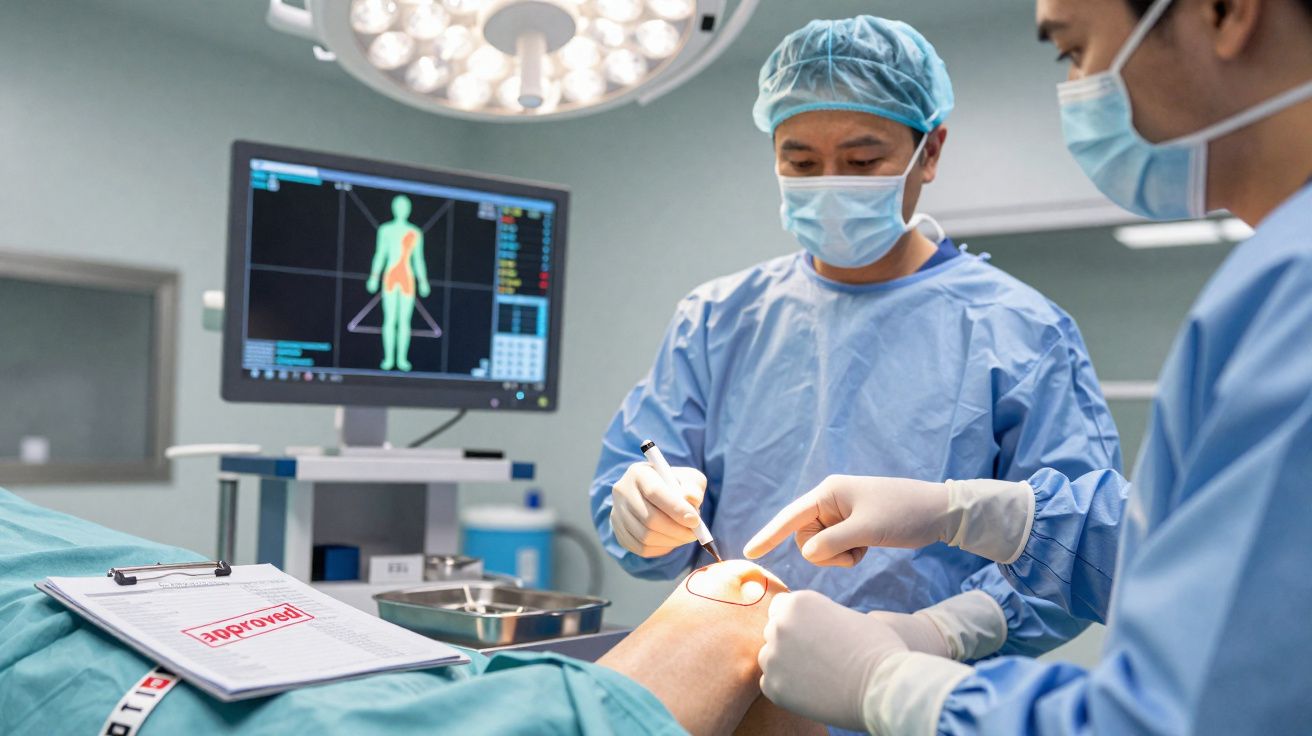 Dois cirurgiões com máscara e roupa cirúrgica a operar um joelho, com monitor e documentos médicos ao lado.