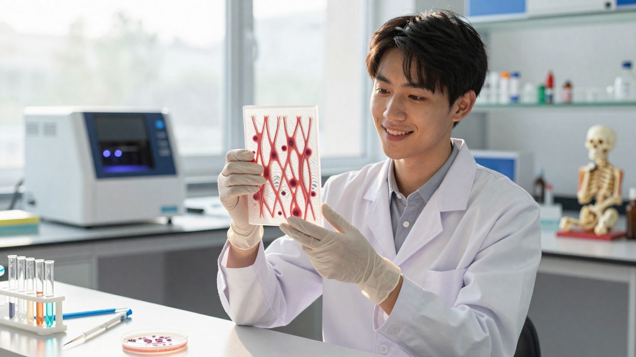 Cientista em laboratório a observar uma cartolina com ilustração de fibras vermelhas musculares.