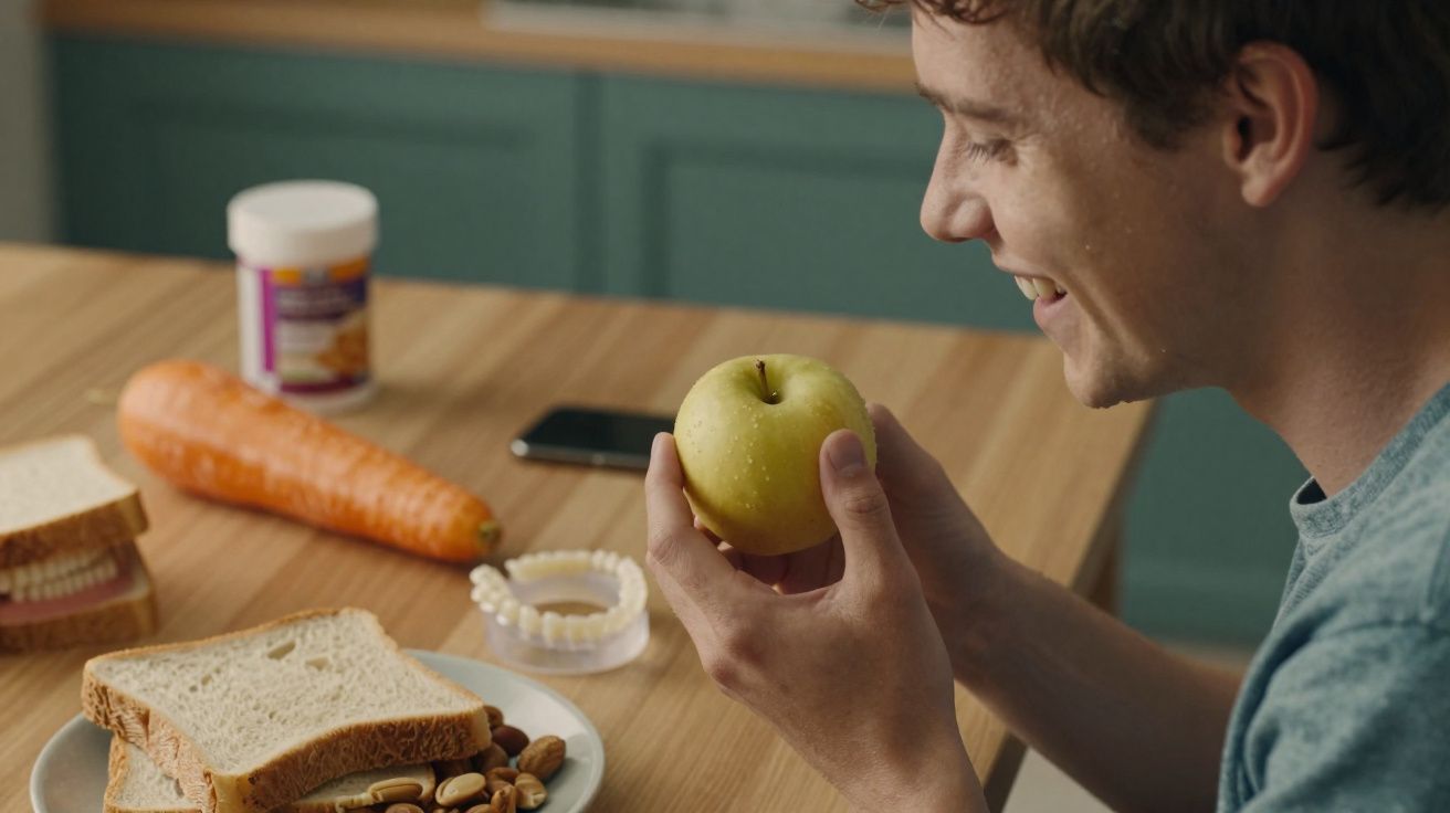 Homem a sorrir enquanto segura uma maçã verde, com comida e medicação numa mesa de madeira.