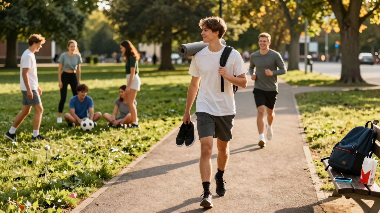 Jovens num parque, alguns sentados e outros a caminhar e correr, em tarde ensolarada com relva verde.