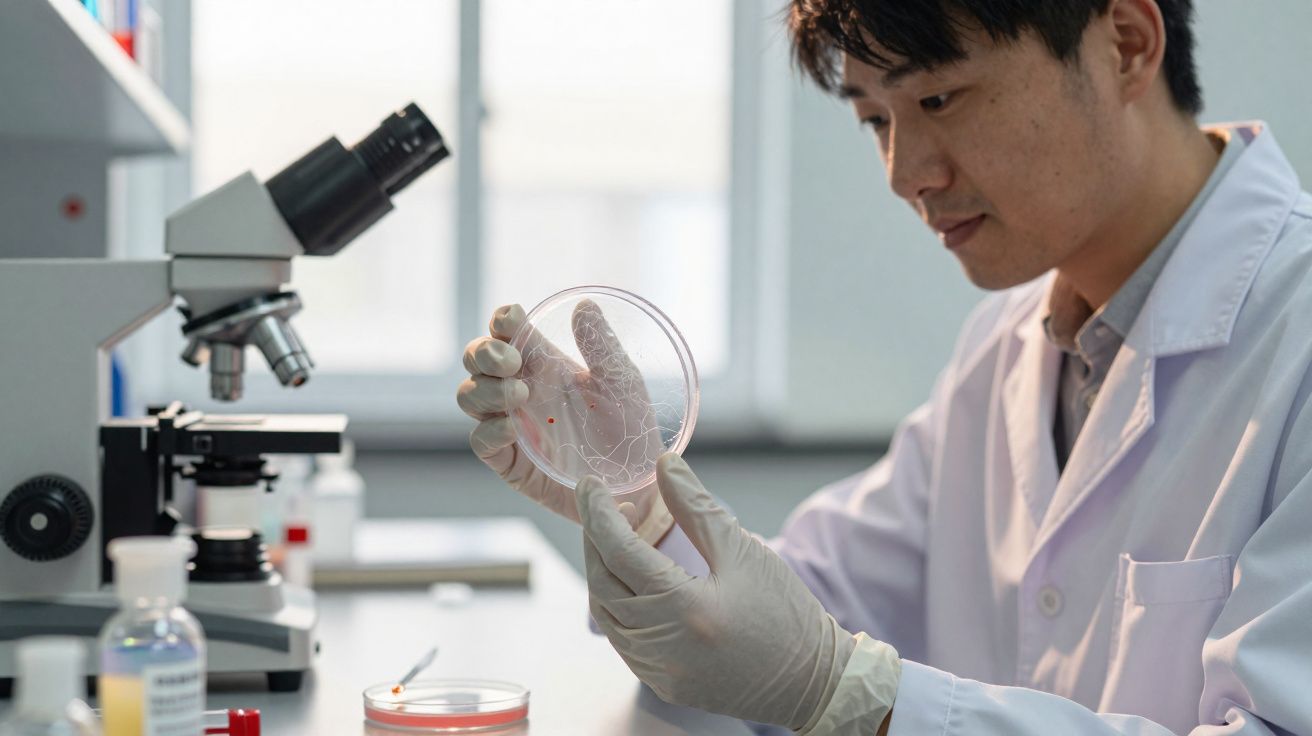 Cientista em laboratório a examinar uma placa de Petri com luvas e jaleco branco junto a um microscópio.