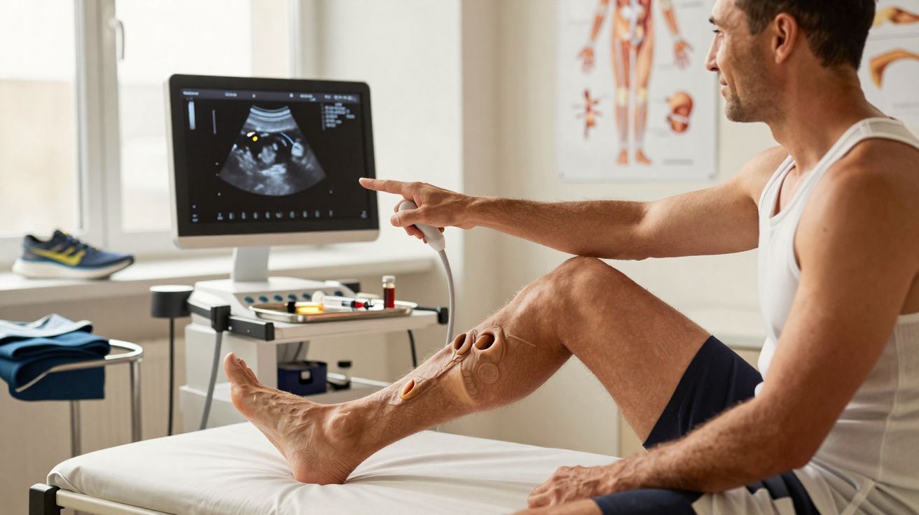 Homem sentado em clínica com aparelho de ultrassom, aponta para ecrã mostrando imagem médica da sua perna.