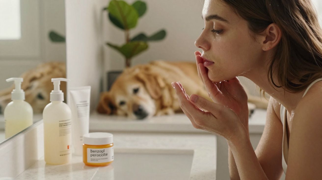 Mulher aplica creme facial à frente de espelho, com cão deitado ao fundo num ambiente doméstico.