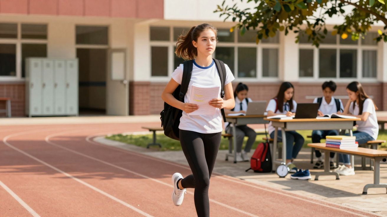 Aluna com mochila e folhas na mão a caminhar na pista desportiva da escola com colegas sentados a estudar ao fundo.