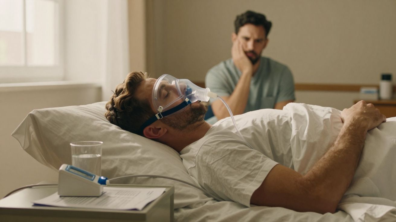 Homem deitado em cama de hospital com máscara de oxigénio enquanto outro homem observa preocupado.