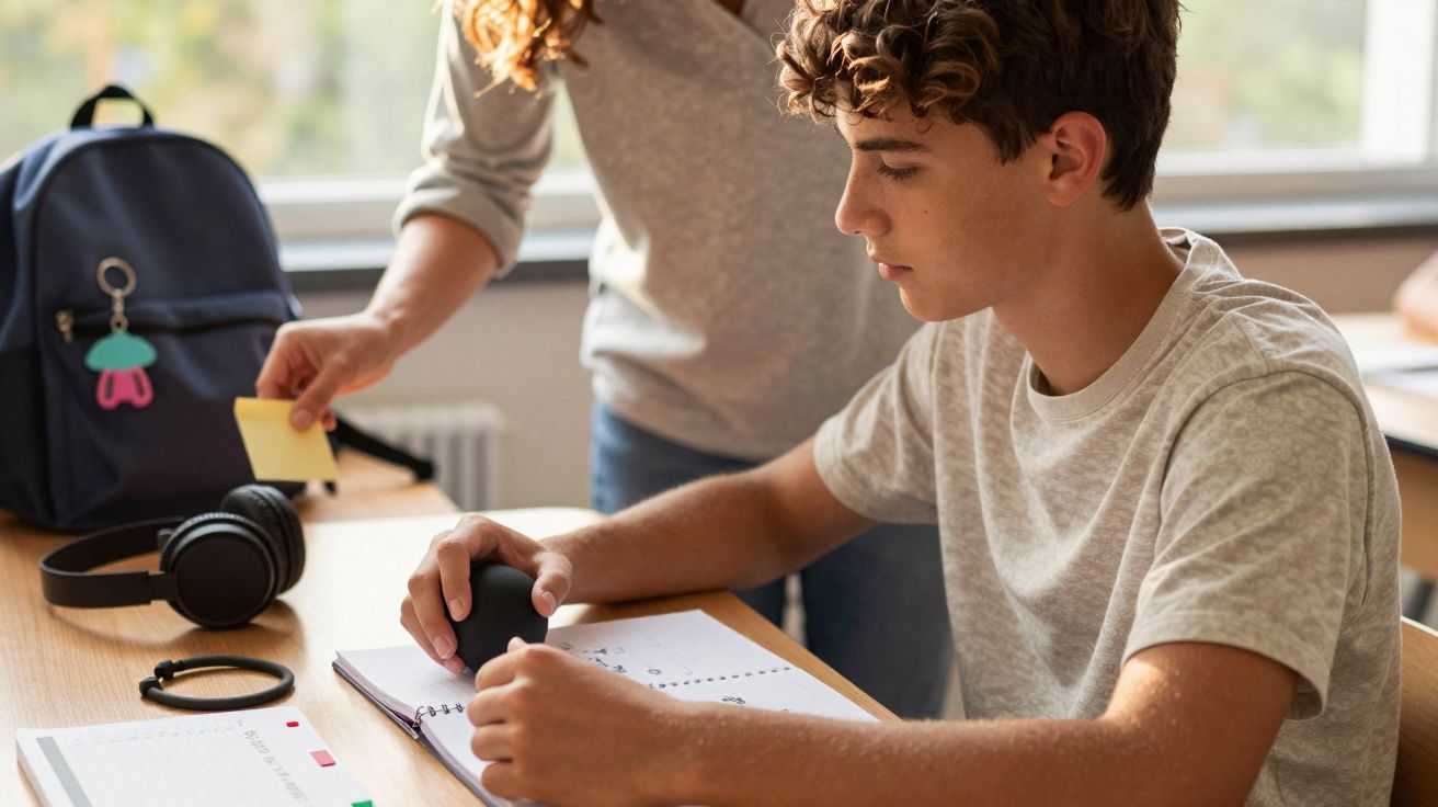 Aluno sentado a olhar para caderno aberto enquanto uma pessoa entrega um post-it amarelo numa sala de aula.