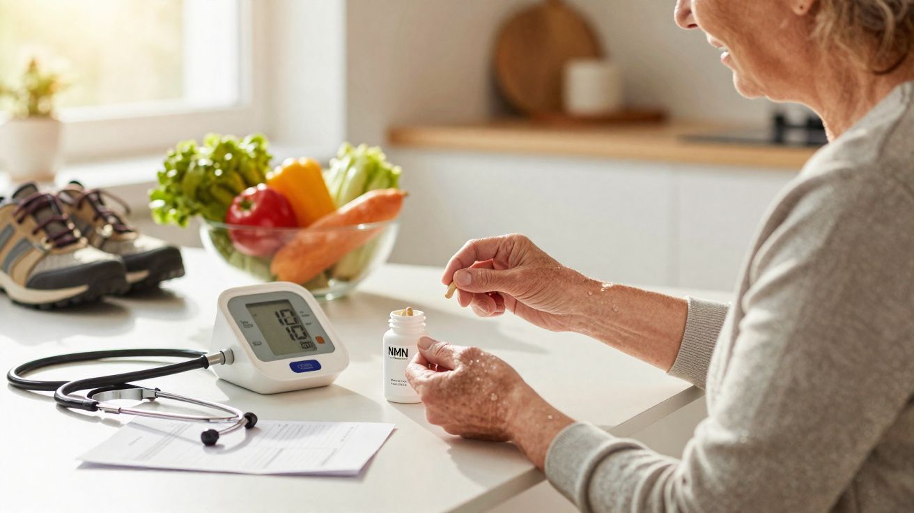 Pessoa a tomar suplemento NMN com medidor de pressão, estetoscópio e legumes numa cozinha iluminada.