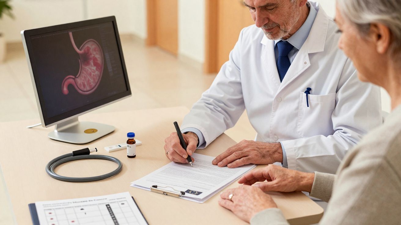 Médico a preencher prescrição durante consulta com paciente, com exame do estômago visível no monitor.