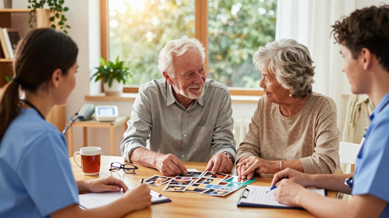 Casal sénior sorri enquanto conversa com dois profissionais de saúde numa mesa com fotos.
