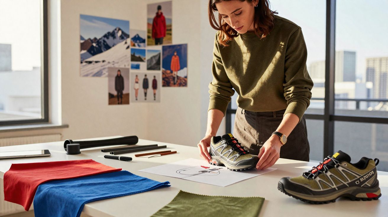 Mulher a desenhar e analisar modelo de sapatilha sobre mesa com tecidos e esboços, escritório iluminado.