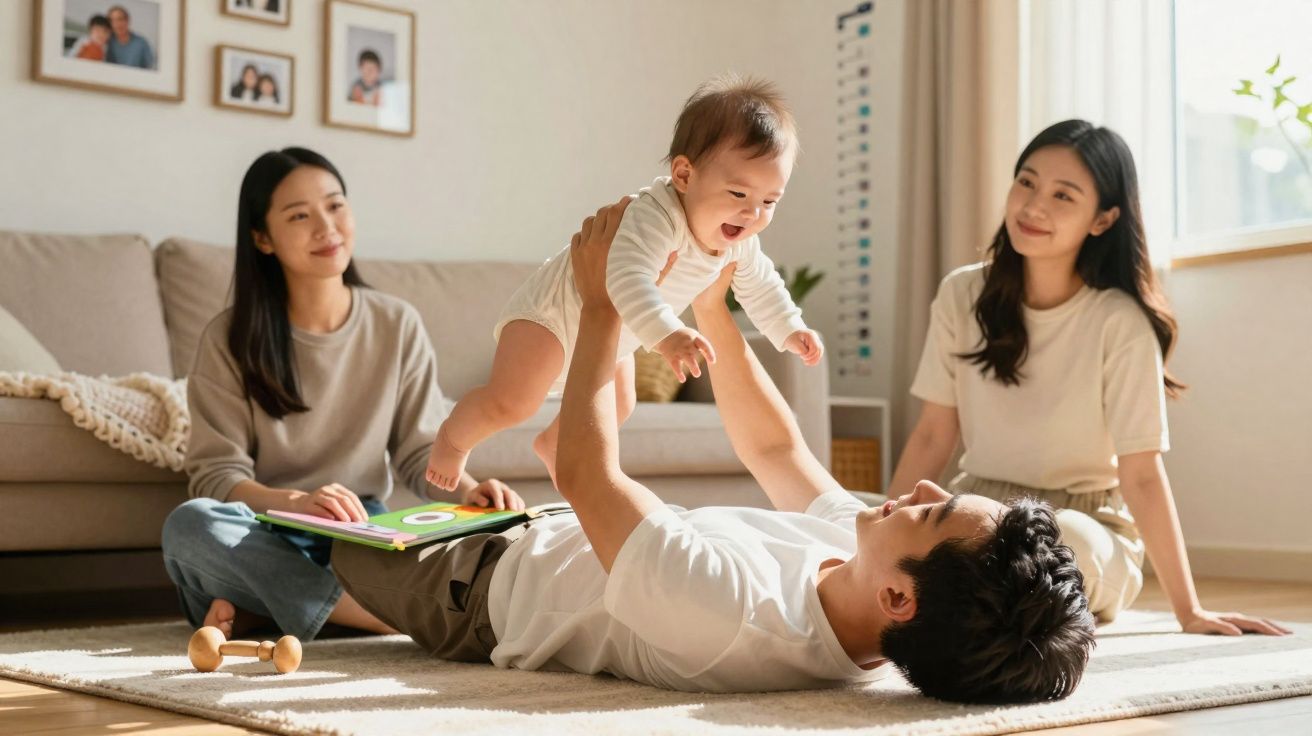 Família asiatica a brincar feliz em casa, pai a levantar bebé sorridente no tapete da sala.