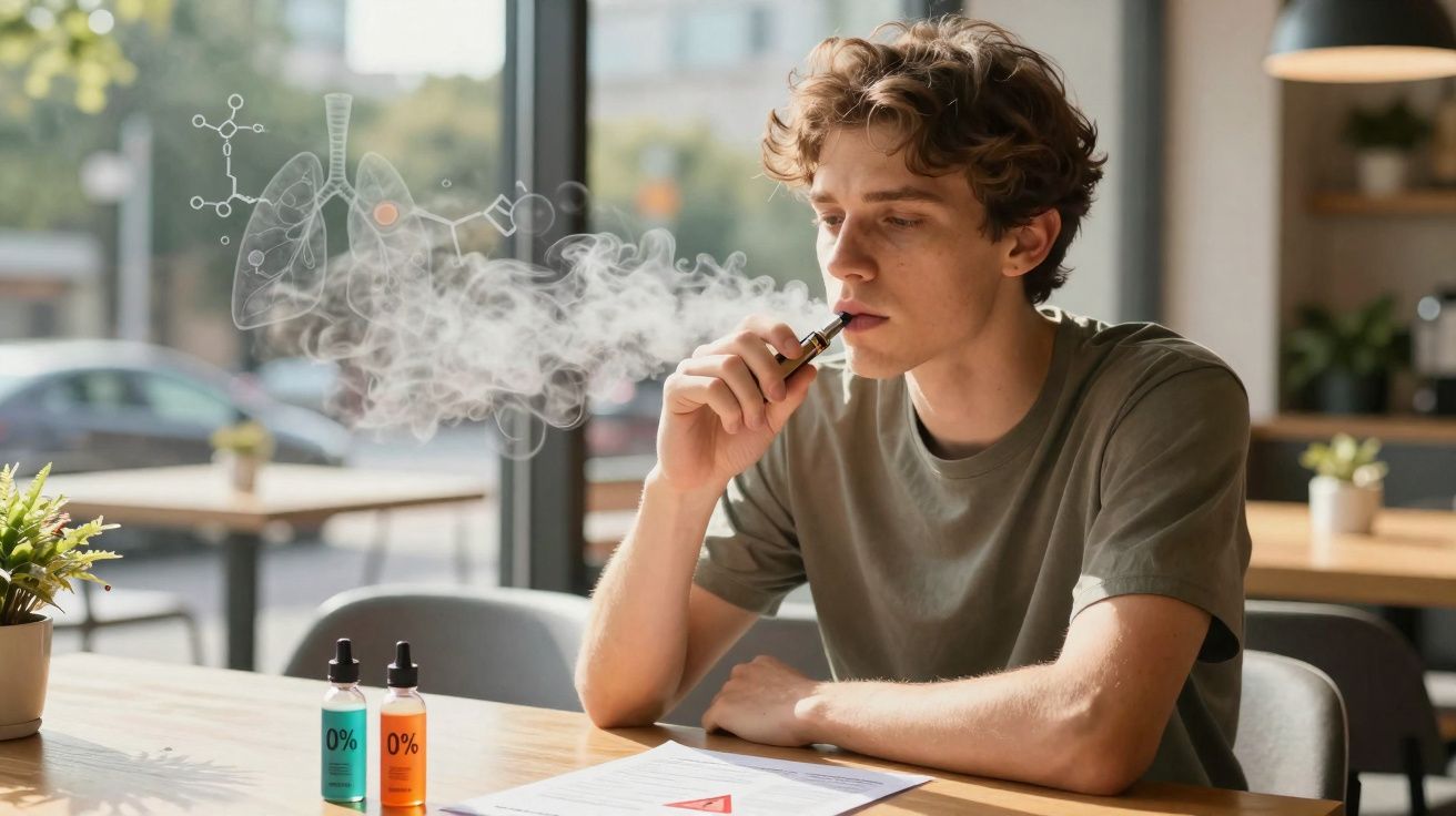 Jovem sentado a fumar cigarro eletrónico dentro de um café com diagramas químicos ao fundo.