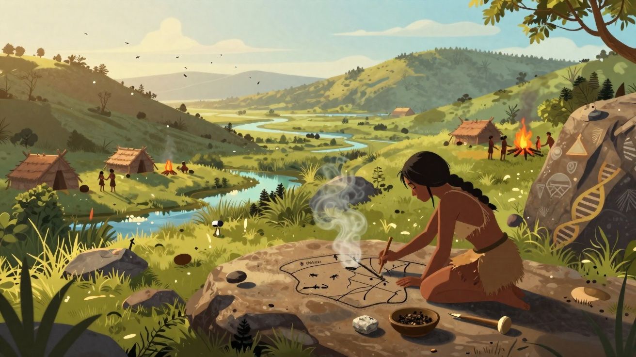 Pessoa pré-histórica desenha mapas numa pedra, aldeia com tendas, fogueiras e paisagem campestre ao fundo.
