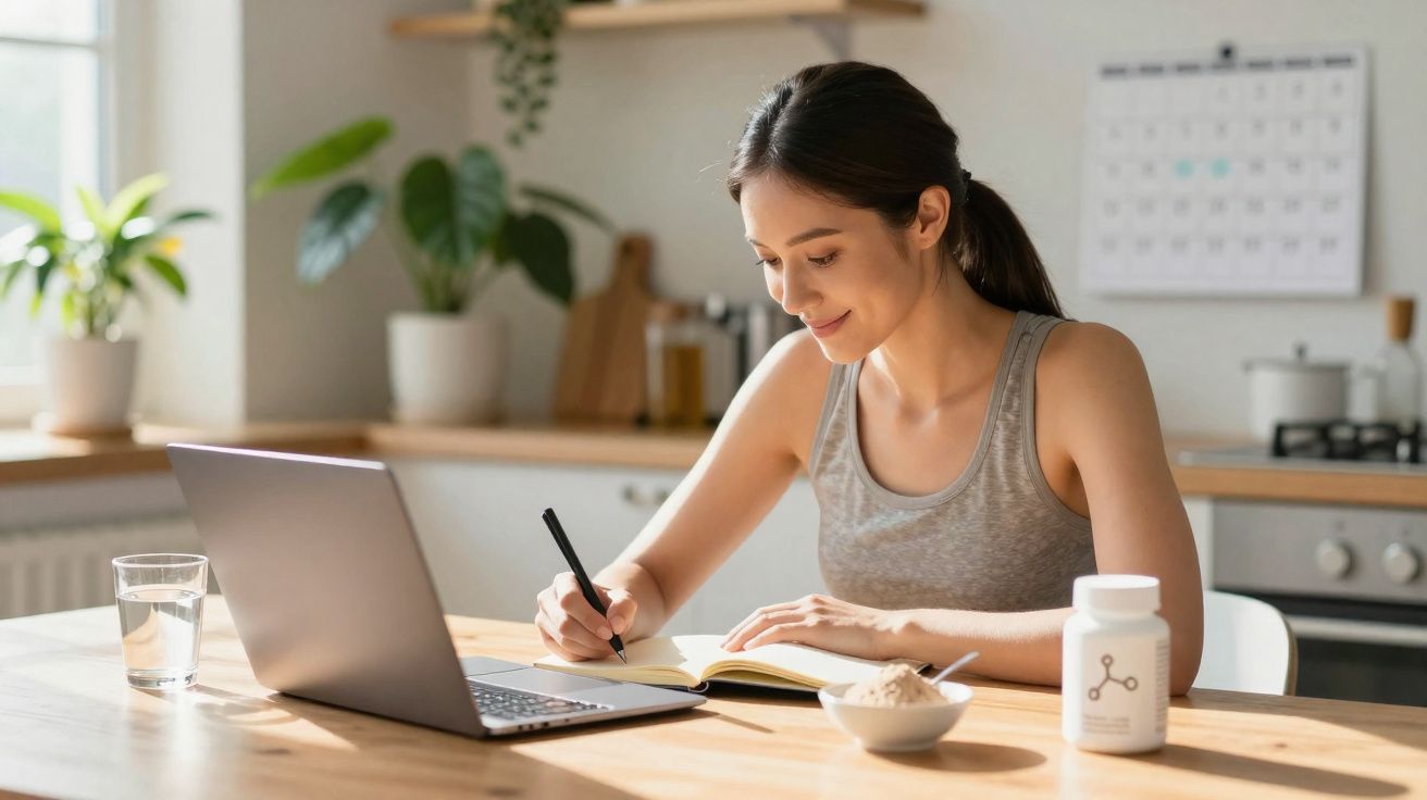 Mulher jovem sentada à mesa em cozinha moderna, a escrever num caderno com portátil aberto à frente.