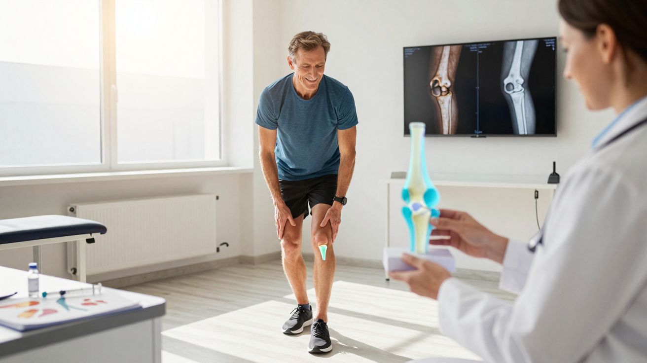 Paciente masculino com dor no joelho consulta médico que segura modelo anatómico de articulação.