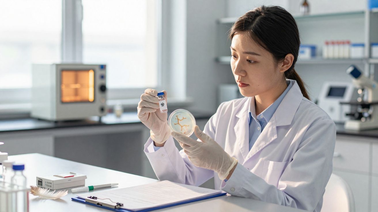Cientista mulher em laboratório analisa placa de Petri com cultura microbiana, usando bata e luvas.