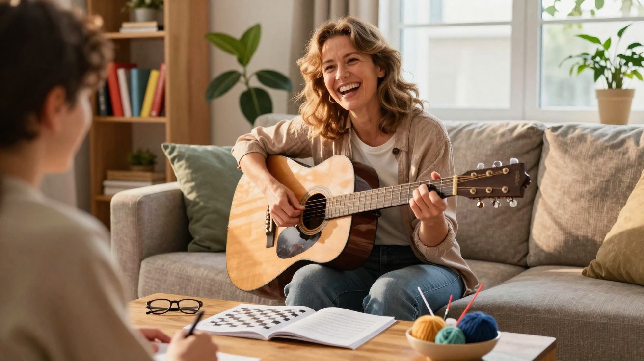 Mulher feliz a tocar guitarra sentada no sofá, enquanto outra pessoa escreve num caderno à sua frente.