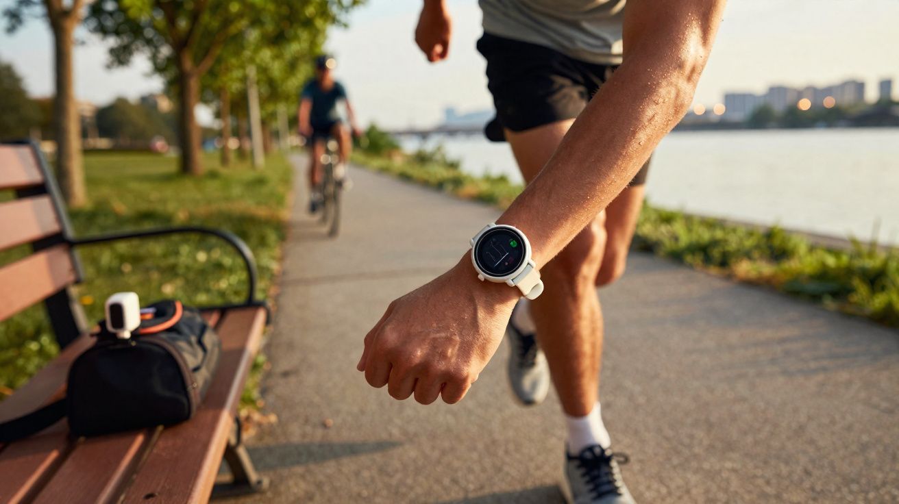 Pessoa a correr com relógio inteligente num caminho junto a um rio ao entardecer, com ciclista ao fundo.