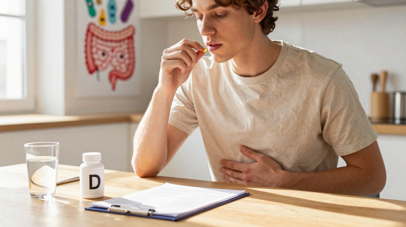 Jovem a tomar um comprimido com um frasco de vitamina D e copo de água numa mesa com prancheta.