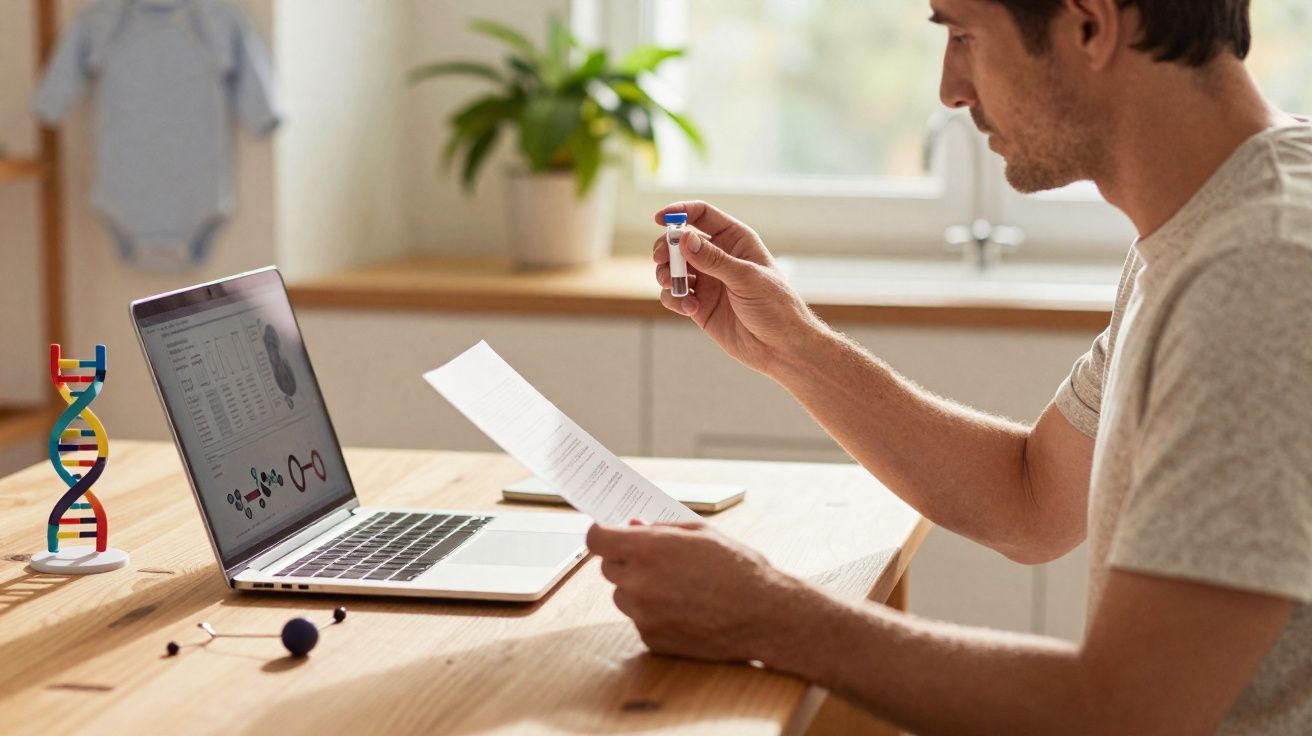 Homem sentado a analisar em casa um tubo de ensaio com dados de genética num computador portátil à sua frente.