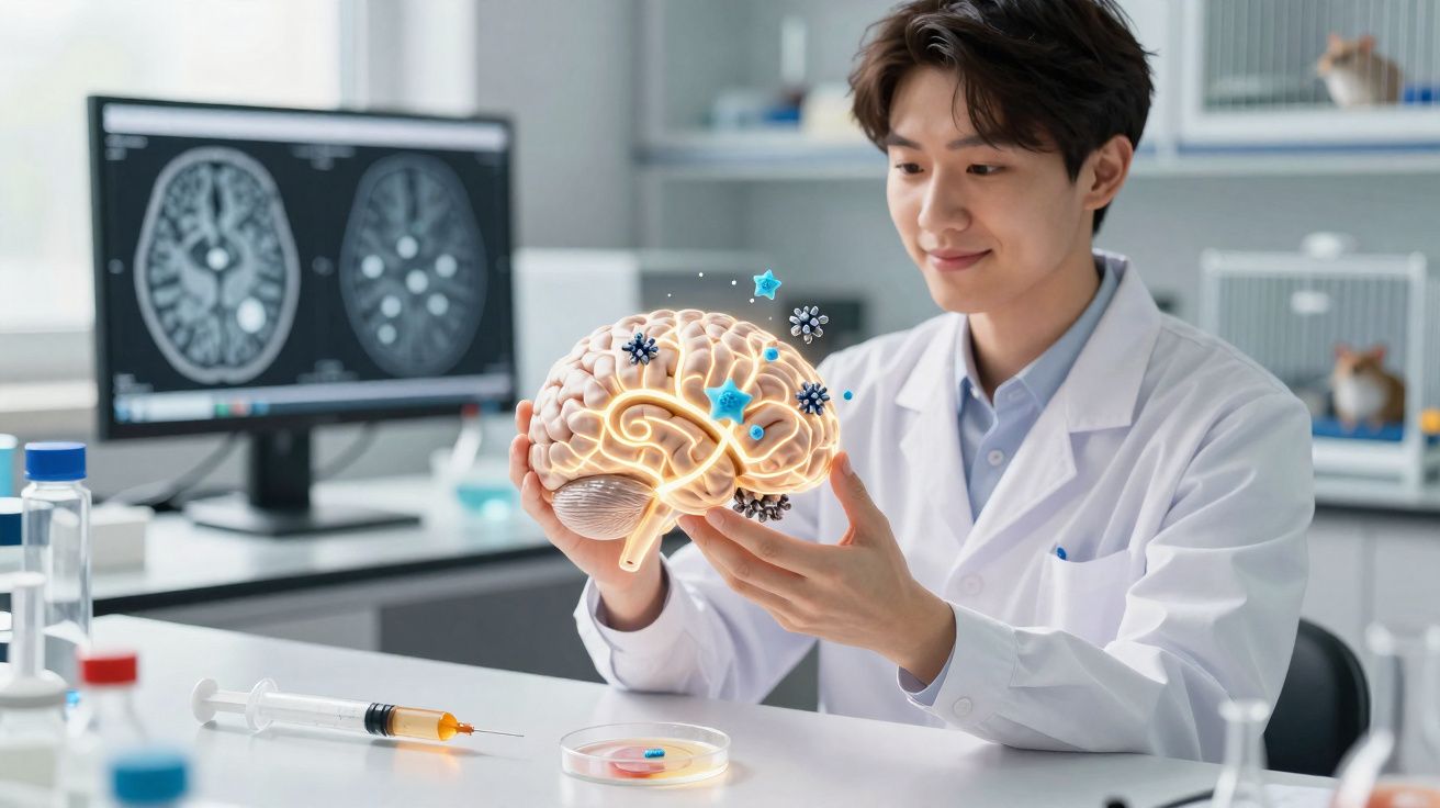 Cientista em laboratório a segurar modelo de cérebro com gráficos digitais e imagens de ressonância magnética ao fundo.