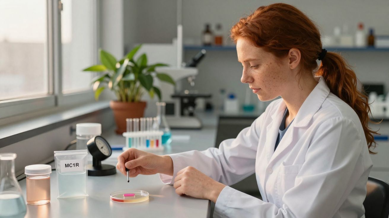Cientista mulher com jaleco branco a usar pinça para manipular placa de Petri num laboratório iluminado.